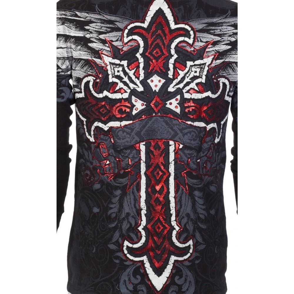 ARCHAIC by AFFLICTION Men's Long Sleeve THERMAL Shirt RED FLAG Biker Black - Picture 7 of 7